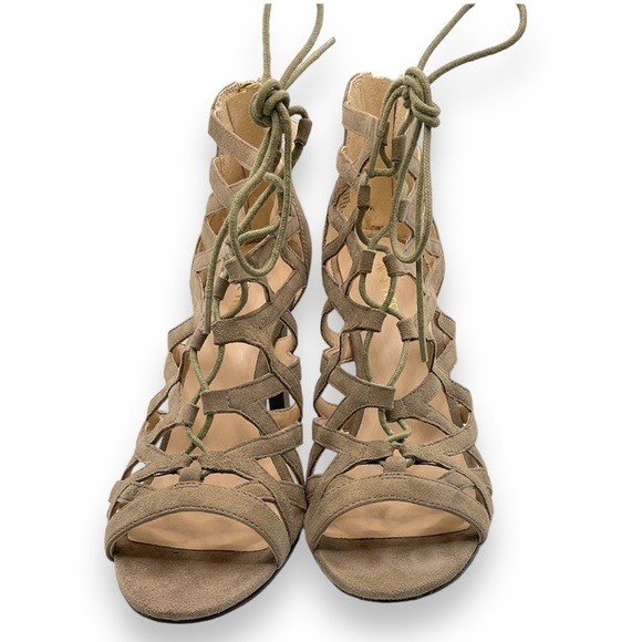 Nine West Authority Peep Toe Cutout Cage Heels Taupe Suede - Picture 2 of 5